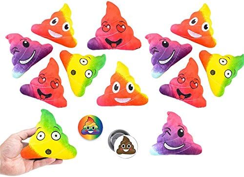 Emoji Poop Rainbow, Tye Dye Pillow Party Favors for 12 - 12 Small Emoji Pillows (5 inch) and 2 Emoji Pins, 1 inch- Super Cute Pillows for Birthday Parties, Sleepovers, Decorations