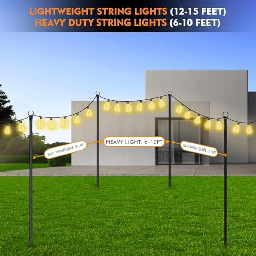 HoldOneLight String Light Pole for Deck - 2 Pack 9.8FT for Outside Hanging Steel String Poles for Outdoor Decoration Garden, Backyard, Patio Lighting Stand for Parties, Christmas, Wedding (2 Pack)