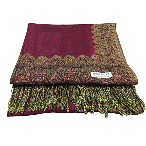 Paskmlna Border Pattern Double Layered Reversible Woven Pashmina Shawl Scarf Wrap Stole (#03burgundy)