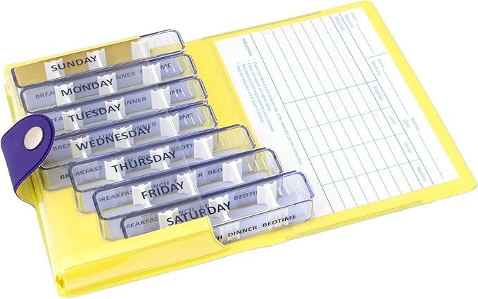 Kibodan Medidos 7-Day Weekly Pill Organiser – Small, Travel-Friendly Medicine and Vitamin Dispenser with 4 Adjustable Compartments. The Perfect Pill Organiser 4 Times a Day (Purple, Yellow)