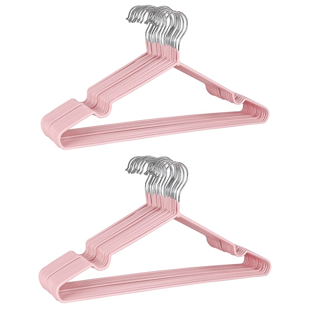 DDGAO Premium Rubber Coated Metal Hangers - Heavy Duty - Space Saving Organiser Clothes Hangers For Wardrobes Coat Rack Rails Thin and Non-Slip Chrome, Pink, 20 pce