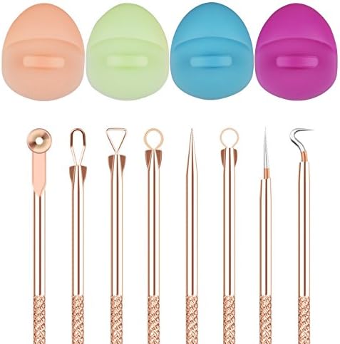 Blackhead Remover Kit 4pcs+ Facial Cleaning Pads 4pcs, Pimple Comedone Acne Extractor Tool Stainless Steel Rose Golden, Soft Silicone Face Scrubbers Exfoliators Face Message Washing Brush Tools