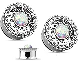 Pair of Opal Glitter Tribal Shield Top Double Flared Ear Plug Gauges Piercings - 11 Sizes Available