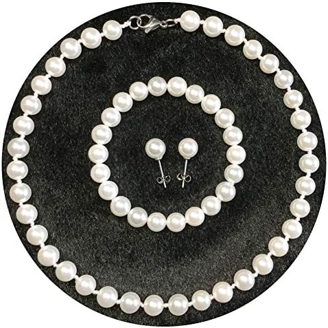 Round White Smooth Pure Handmade Hand Knotted Seashell Pearl Necklace Bracelet Earrings 3 Set for Bridal Wedding Women Girls