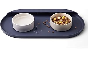 Medario Dog Cat Food Mat, Easy Clean Dishwasher Safe Silicone Pet Food Mat, Waterproof Dog Bowl Mat with High Lip, Durable Anti-Slip Dog Mat with Pocket for Collecting Food and Water(Nightshadow Blue)