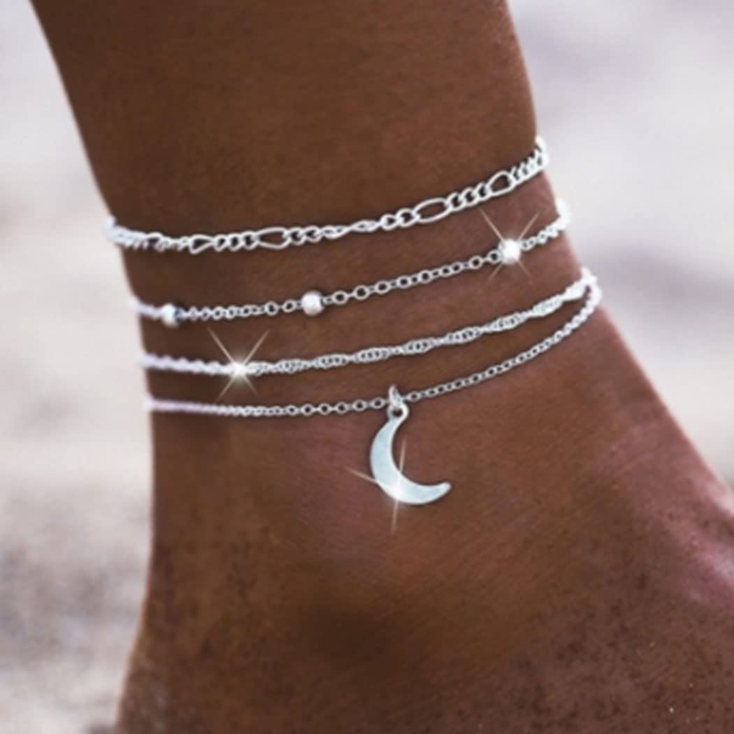 Chaioe Boho Multi-Layer Anklet Silver Moon Ankle Bracelets Beaded Foot Chains for Women and Girls (4 Pcs)