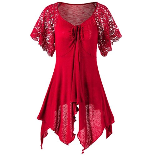 Mini Dresses, FORUU Womens Bandage Short Sleeve Lace Floral Patchwork Irregular Red