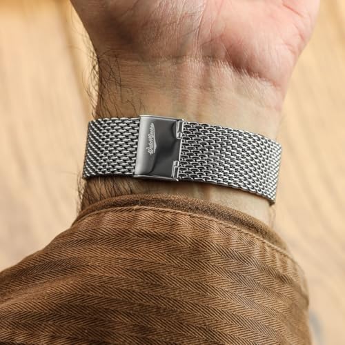 WatchGecko Classic Mesh Watch Strap, Polished or Satin Brushed Finish, 18-22mm. Men's Replacement Stainless Steel Band. Quick Release Spring Bars for Easy Changes