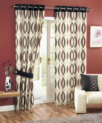 Symmetry Cream Red Black Readymade Eyelet Lined Curtains 90 X