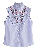 Floerns Women's Vertical Striped Ruffle Floral Embroidery Blouse Shirts