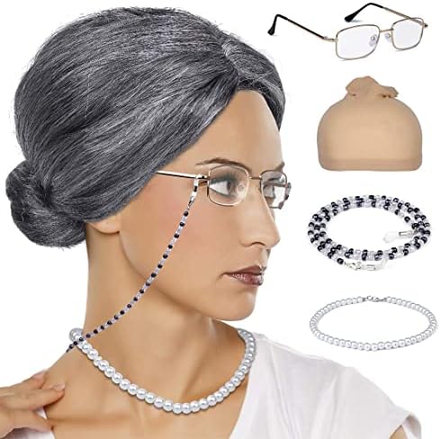 Old Lady Wig, Granny Cosplay Wig with Hair Rollers for Halloween