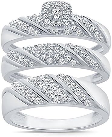 ArtLine Jewels 14k White Gold Fn Round Simulated Diamond Studded His &amp; Her Wedding &amp; Engagememt Trio Ring Set