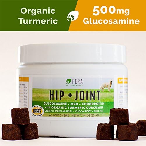 FERA Advanced Max-Strength Vet Formulated Glucosamine Chondroitin for Dogs - All Natural Hip and Joint Supplement with MSM, Omega-3, Hyaluronic Acid, Organic Turmeric - Made in the USA - 60 Soft Chews