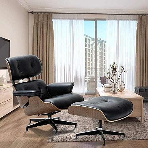 Modern Sources - Mid Century Recliner Lounge Chair with Ottoman Real Wood Genuine Italian Leather Eames Replica (Black/Walnut)