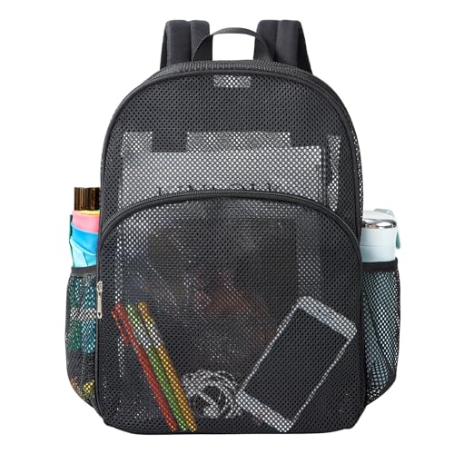 gdbis Heavy Duty Mesh Backpack, Semi- Transparent College Bookbag with Adjustable Padded Shoulder Straps, Lightweight Casual Daypack for College Workpalce Security - Black