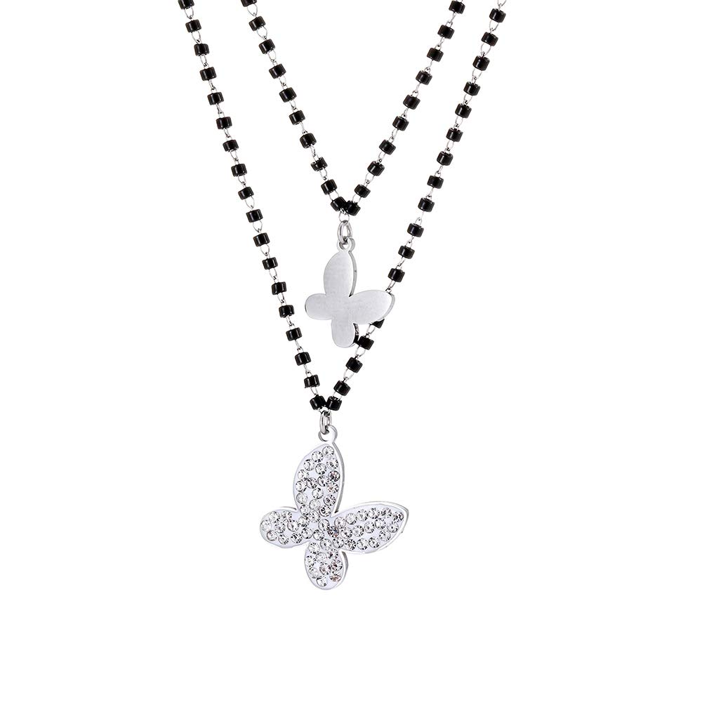 Stainless Steel Double-Layer Animal Pendant Necklace for Women Black Crystal Butterfly Pendant Necklace Adjustable Necklace Rose Gold Silver Fashion Jewelry Women Necklace Gift for Friends, Mom