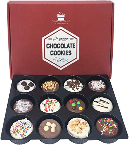 Chocolate Covered Cookies Gift Box. Gourmet Sandwich Cooky. Perfect Gift for the Holidays. 12 Tasty Decorated Cookies. Beautifully Gift Box, Great Gift for Men, Women, Children. Guarantee Fresh.