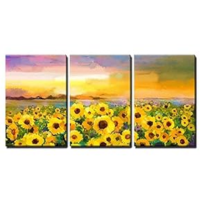 3 Piece Canvas Wall Art - Oil Painting Yellow- Golden Sunflower, Daisy Flowers in Fields. Sunset Meadow Landscape - Modern Home Art Stretched and Framed Ready to Hang - 16"x24"x3 Panels