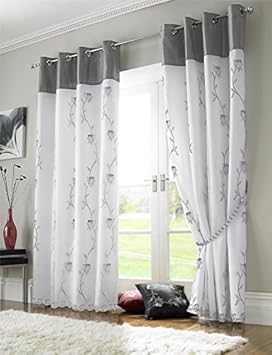 Gris Argenté Blanc Floral Rose Chaîne Doublé Voile 56 X 90 142cm X 229cm Rideaux àœillets Embrasses
