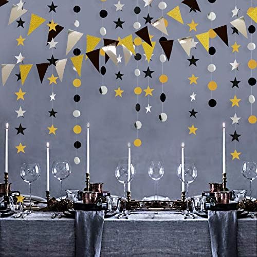 Gold Silver Black Party Decoration Kit Double Sided Glitter Triangle Banner/Star/Circle Dot Decorations Garlands Streamer Glittery Pennant Banner Décor for Birthday/Wedding/Anniversary/Graduation