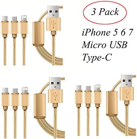 Anpow 3 pack of 3 in 1 iPhone Type C Micro usb Cable Braided Charging cable lightning cable to USB Syncing Charging,iphone 6 charger cord for iPhone 5 5s 6 6s 6 plus 6s plus 7 7 plus