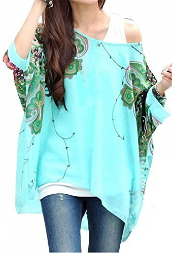 Landove Womens Batwing Sleeve Chiffon Bohemian Beach Semi Sheer Tunic Shirt Blouse