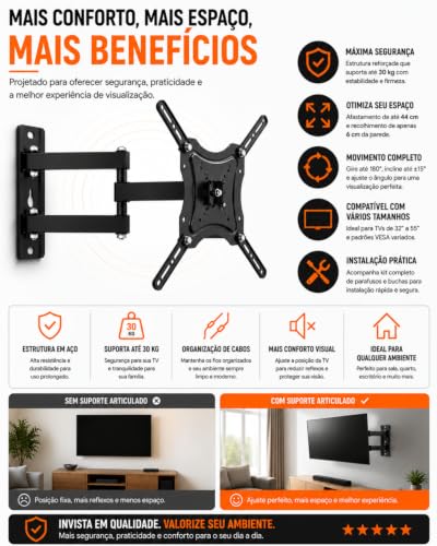 Suporte Articulado para TV 32 a 55 Pol Universal Ajustável até 30kg | Ajuste livre, Metálico, Padrão Vesa, Suporte articulado, Parede TV, 32 a 55 polegadas, Até 30kg