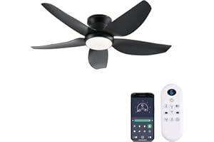 GJeg Ceiling Fans with Lights, 43 Inch Low Profile Ceiling Fan with Light and Remote/App Control, Flush Mount, Reversible DC Motor, 3CCT, Dimmable, Noiseless, Black Ceiling Fan for Indoor/Outdoor Use