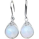 Silver Moonstone Dangle Earrings for Women,Bohemia Delicate Natural Stone Hook Earrings,Minimalist Moonstone Earrings Wedding Charm Jewelry Gift