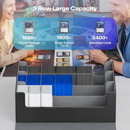 UAONO Trading Card Storage Box, Holds 1800 Sleeved Cards with 10 Dividers & 3 Stoppers, Magnetic Closure PU Leather Card Case for MTG, PTCG, YGO, Sports Cards (Black)