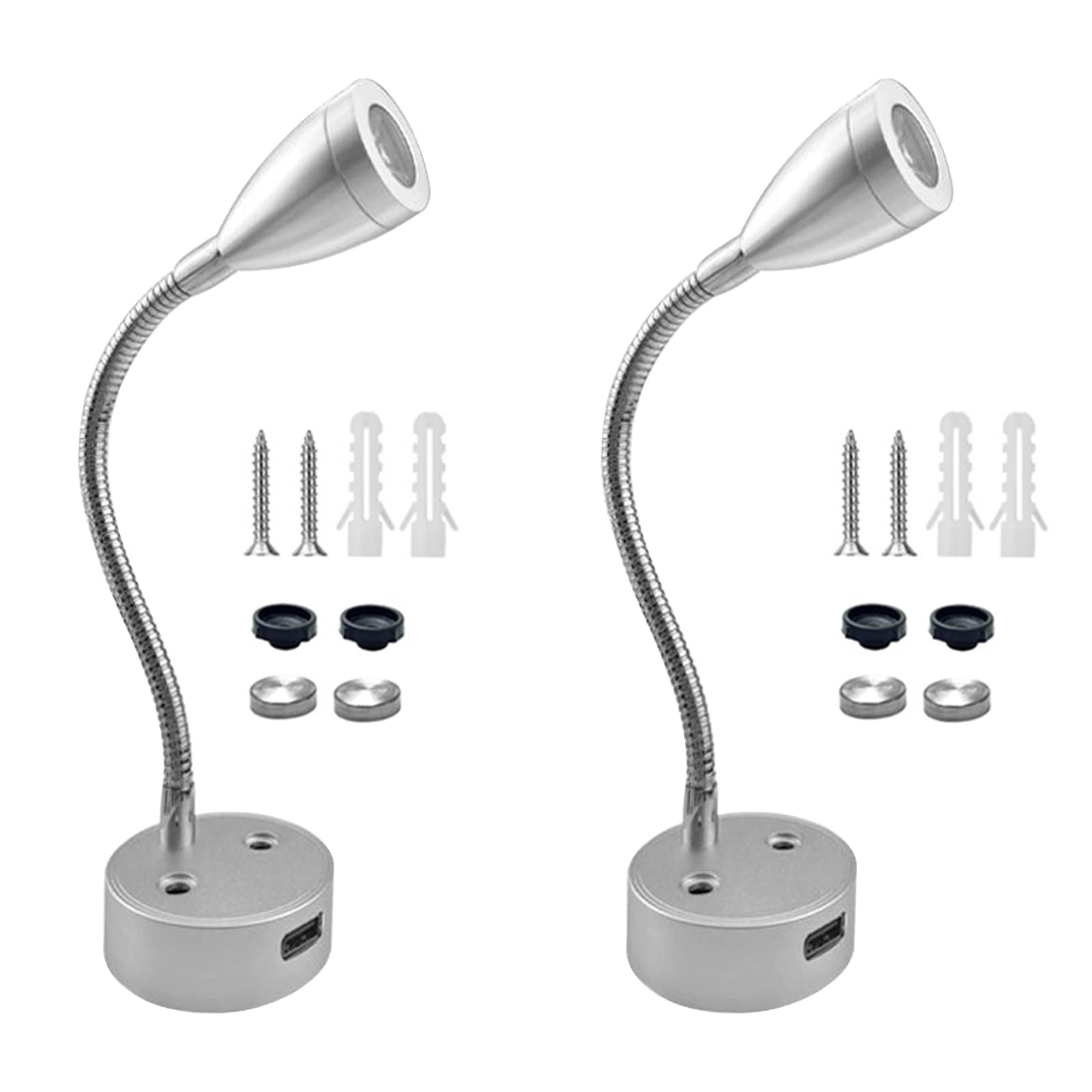 LED Reading Light, DC 12V Reading Lamp with USB, Bedside RV Spot Lamp, 2Pcs Touch Dimmable Switch Flexible Gooseneck Wall Lamp for Boat, Motorhome, Camper Caravan Van Interior Lighting (Silver)