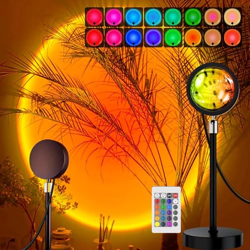 Miortior Lampara Sunset, Lampara Atardecer de Proyección de 16 Colores, 4 Modos, Rotación de 180° y Control Remoto, Luz de la Atmósfera del Sunset para Selfies, Fotografía, Decoración, Dormitorio