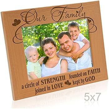 KATE POSH Our Family - A Circle of Strength, Founded on Faith, Joined in Love, Kept by God Engraved Natural Wood Picture Frame, Housewarming, Religious & Spiritual, Wedding Gifts (5x7-Horizontal)
