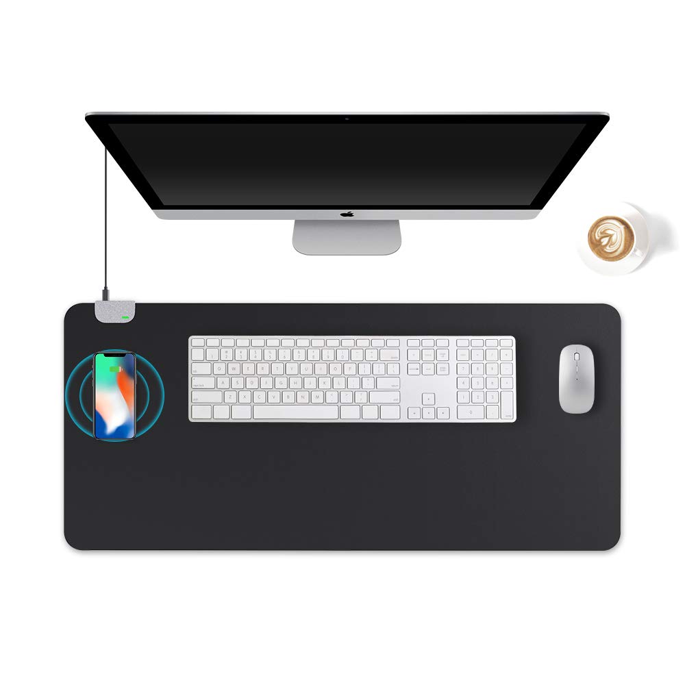 KINGFOM Desk Pad Mat with Wireless Charging, Large Mouse Mat, PU Leather Desk Protector Mat Waterproof Writing Mat for Desk, 90 x 42.5 cm, Black