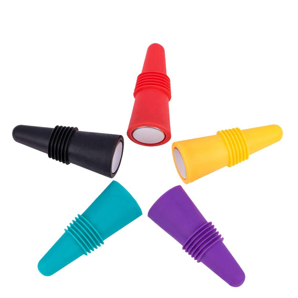 Wine Stopper Silicone,Bottle Stoppers Coloured 5 Pack Reusable Bottle Plugs with Screw for Preserving Beer Champagne Beverage Alcohol