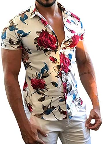 Men's Casual Flower Print Short Sleeve T-Shirt Tops, Turn-Down Collar Button-Down Beach Hawaiian Style Blouse Tee Shirt