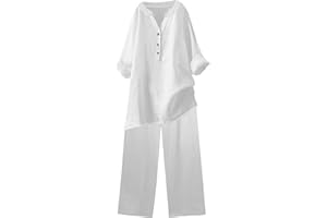 JOAU Cotton Linen Sets for Women 2 Piece Long Sleeve Button Shirts & Wide Leg Trousers Loose Dressy Matching Set Outfits
