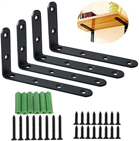 Dproptel 4 PCS Stainless Steel Heavy Duty "L" Decorative Corner Brace Joint Angle Bracket Shelf Bracket for Wall Hanging Bookshelf Support Furniture Connector Industrial Decorative with Screws 125X75MM - Black (125X75MM)