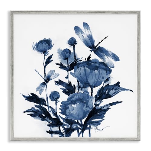 Stupell Industries Indigo Peonies & Dragonflies Gray Framed Giclee Art design b…