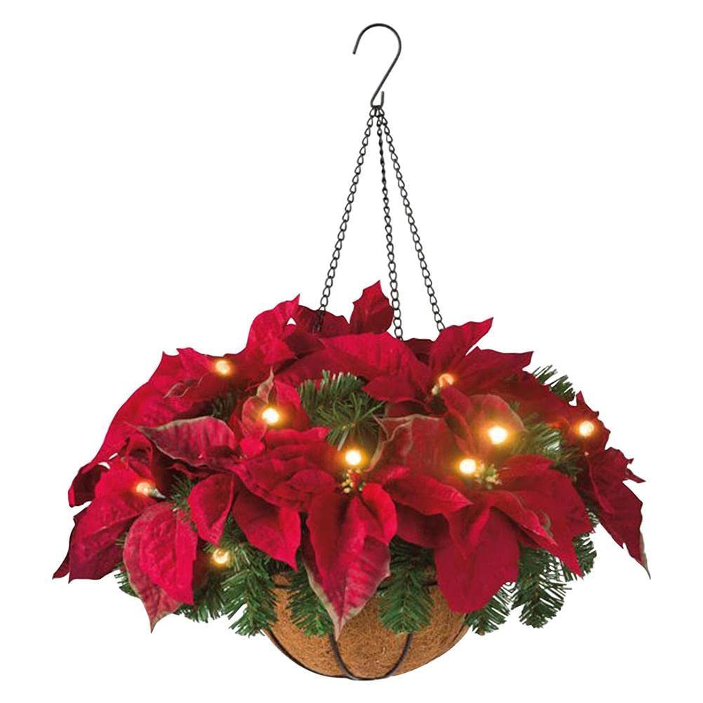 HUSHUI Pre-lit Christmas Hanging Basket,Flocked with Mixed Decorations and LED Lights Artificial Frosted Berry Pine Cones for Christmas Outdoor Yard Decor