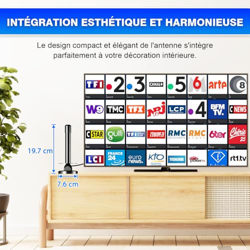 Antenne TV Intérieure TNT HD Amplificateur Signal Gain Élevé VHF/UHF Base Magnétique Réception 360° Compatible DVB-T2 Smart TV 4K Full HD 1080P Câble Coaxial 5m Anti-Interférences 4G/5G