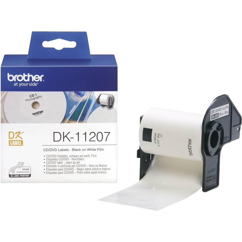 Brother DK-11207 Label Roll, CD/DVD Labels, Black on White, 100 Labels, 58 mm, Brother Genuine Supplies