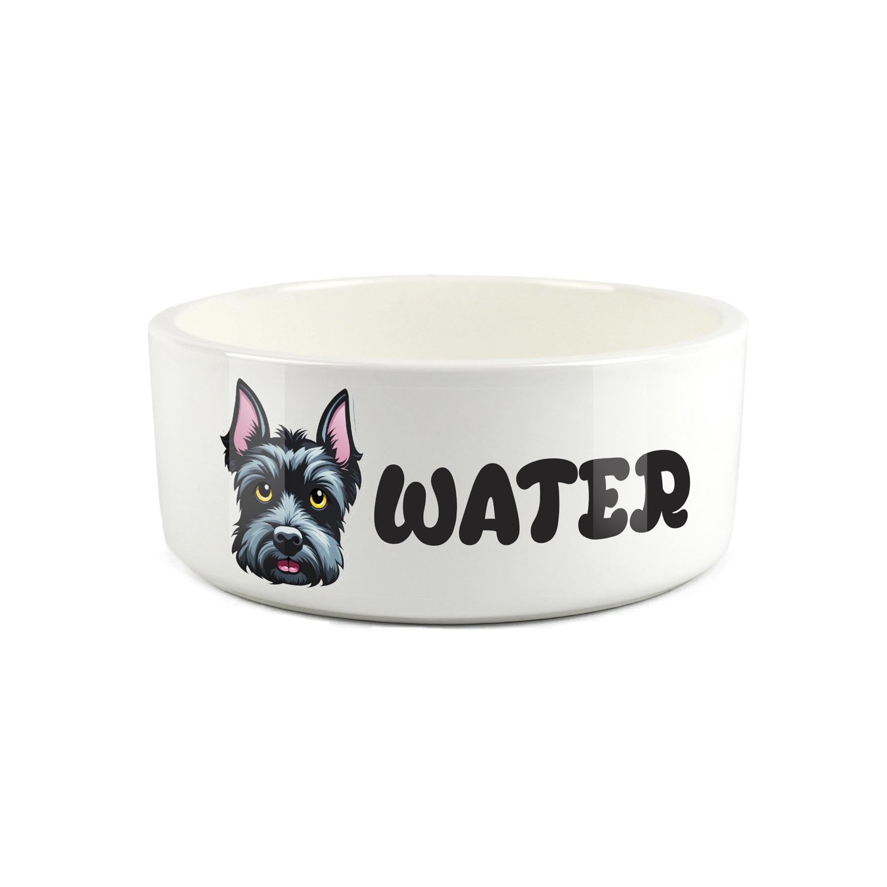 Scottish Terrier Pet Bowl - Cartoon Dog Portrait Large Ceramic Water Bowl - Novelty White Water Dish For Dogs