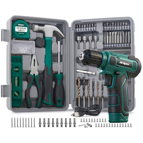 Hi-Spec Cordless Drill Driver 8V USB Rechargeable with Household Tool Set Compact Case with Drill Bits Hammer Tips Pliers Accessories DIY Furniture Assembly Green