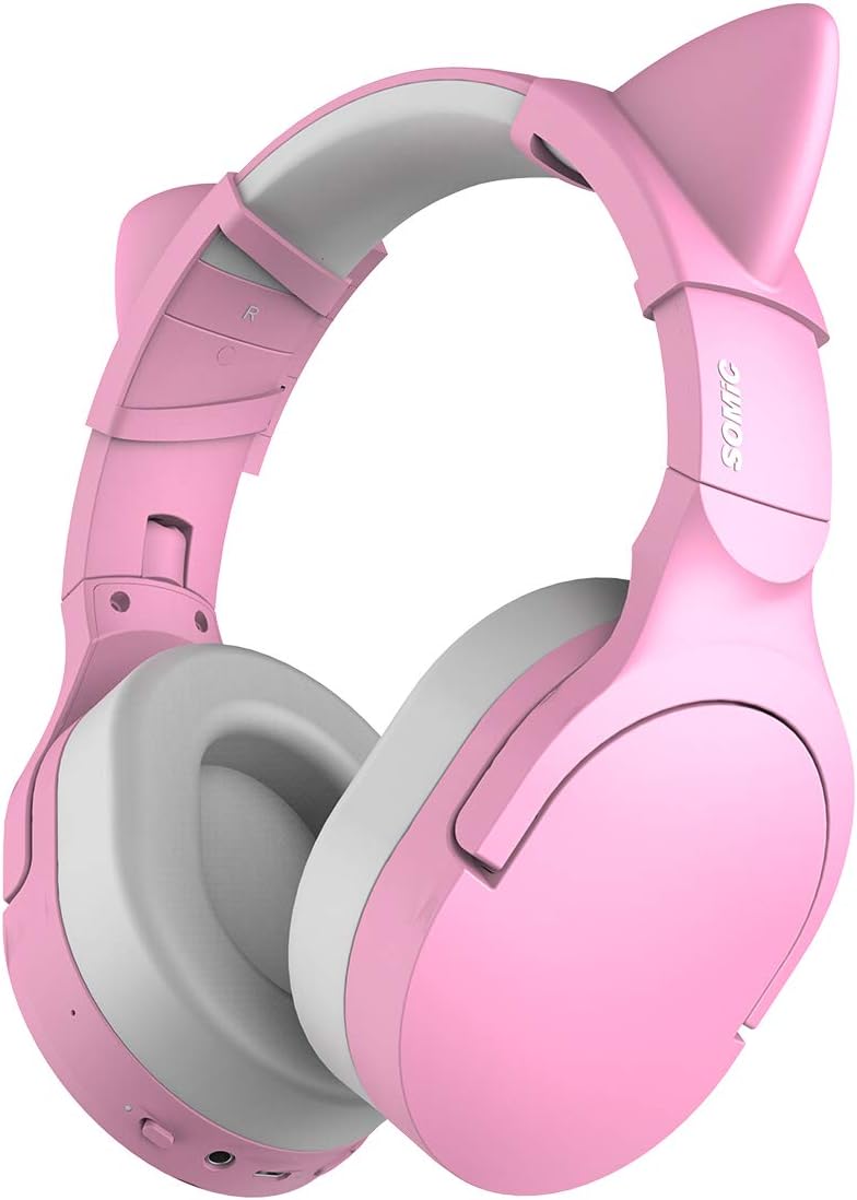SOMIC SC2000BT Pink Bluetooth Wireless Headphones, Detachable Cat Ear Headset with HiFi Stereo Sound, Foldable Design, Soft Protein Ear Pads, 38H Playtime