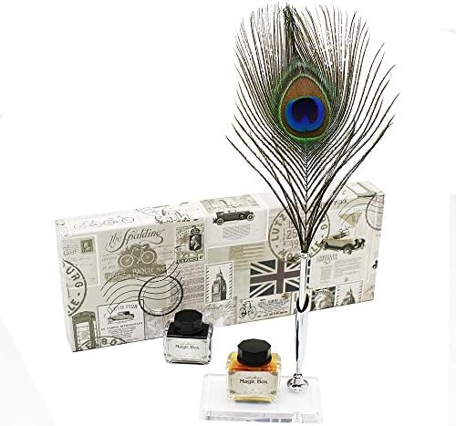 Featty New England Design Calligraphy Pen Gift Box Quill Pen Set, Handmade Antique Dip Feather Pen with Black and Gold Ink, Beautiful Fountain Pen Stand for Friends in Office (Peacock Color)