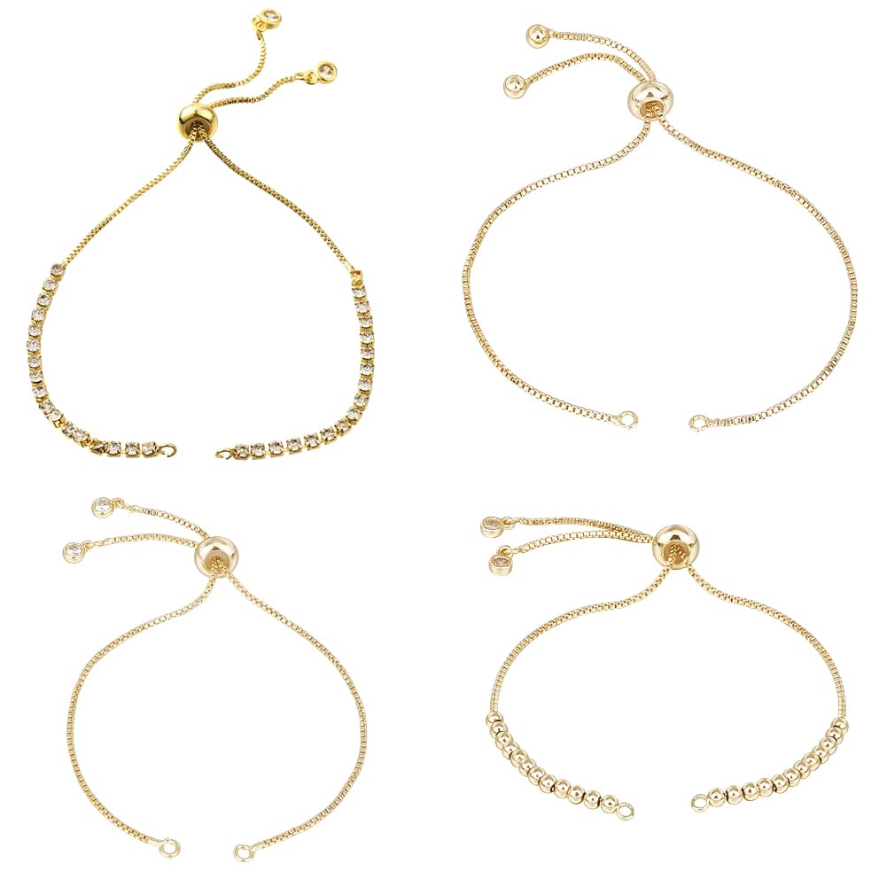 Beebeecraft 1 Box 8Pcs 4 Style Adjustable Slider Bracelet 18K Gold Plated Bolo Bracelets Makings Chains Extender Chain Metal for DIY Jewellery Making Crafts