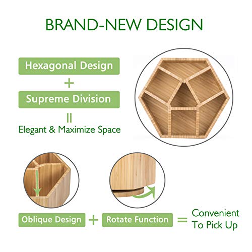 Bamboo Rotating Makeup Organizer, 360 Degree Spinning Cosmetic Storage with 7 Sections for Lipsticks, Eyeliners, Eyebrow Pencils, Jewelries, Hair Accessories, Skin Care Products and More.