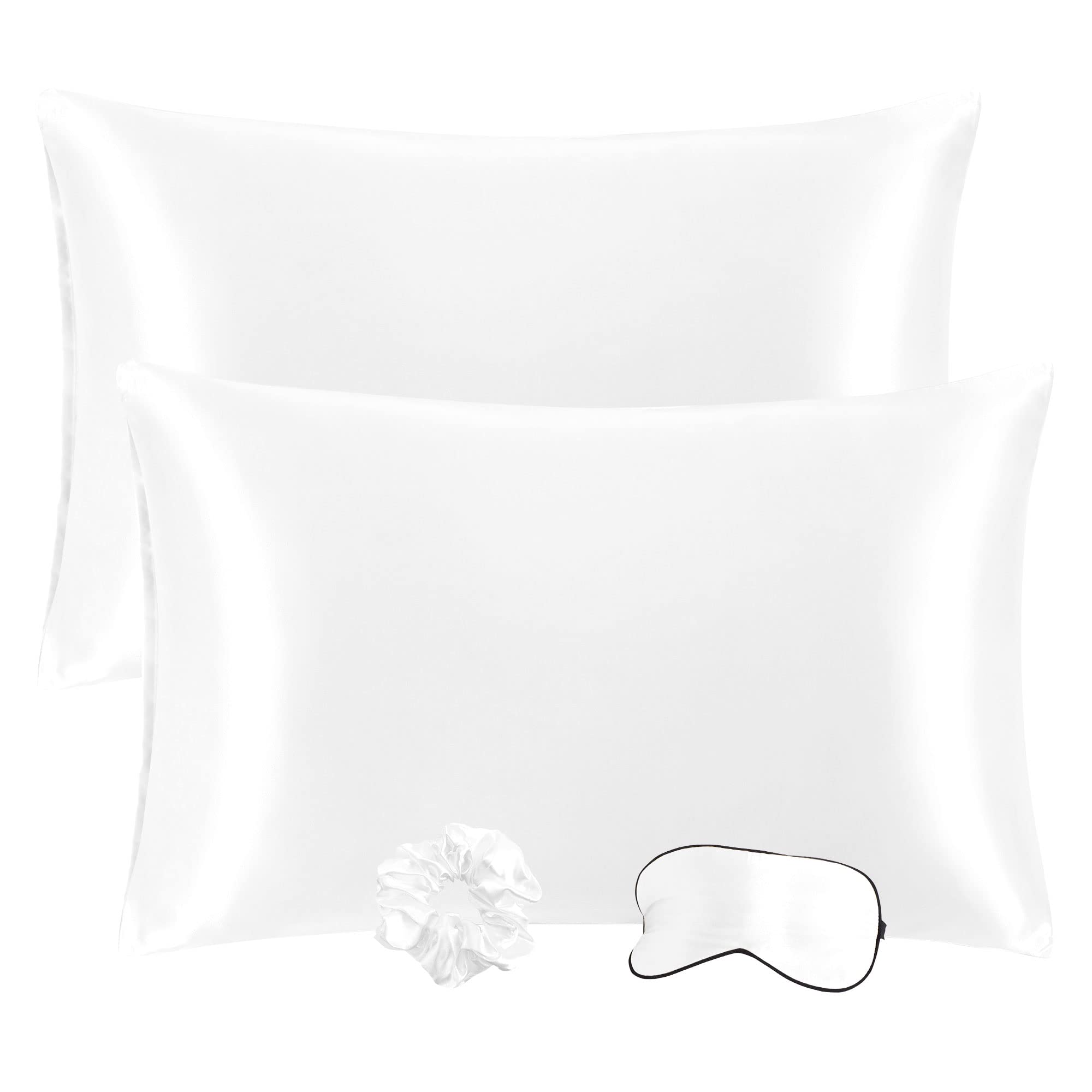 PiccoCasa Satin Pillowcases for Hair and Skin with Eye Mask and Scrunchie Soft Pillowcase 2 Pack Envelope Closure Silky Bed Pillow Covers Set for Sleeping White 50 x 65cm