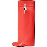 Yishaweiqi Fold Over Boots Wide-calf Wedge Heel Knee High Boot With Decorative Silver Lock Red Size 9.5